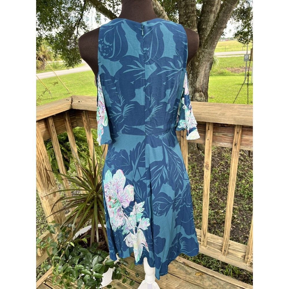 Anthropologie Maeve Floral Fit N Flare Cold‎ Shoulder Turquoise Dress Sz 6 $138 - Picture 4 of 15